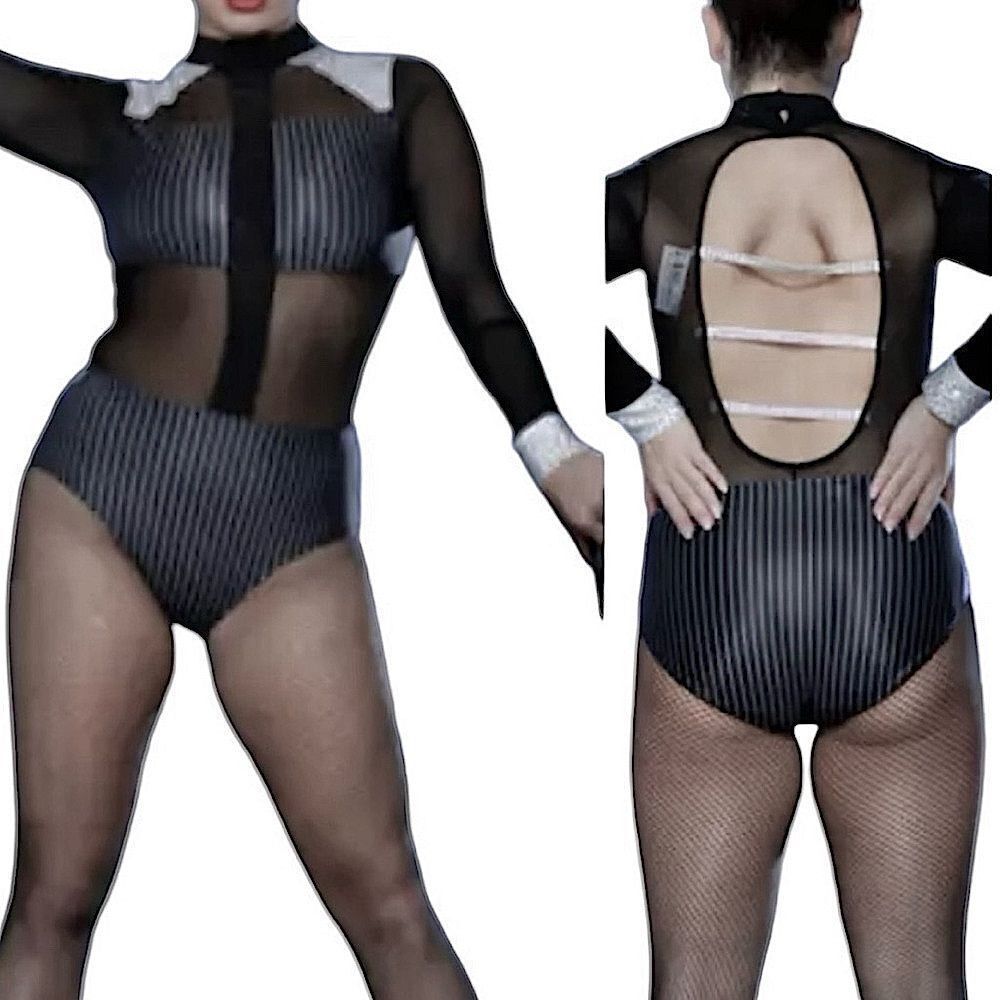 Glamour dance costume solo black pinstripe menswear leotard rhinestone MC child